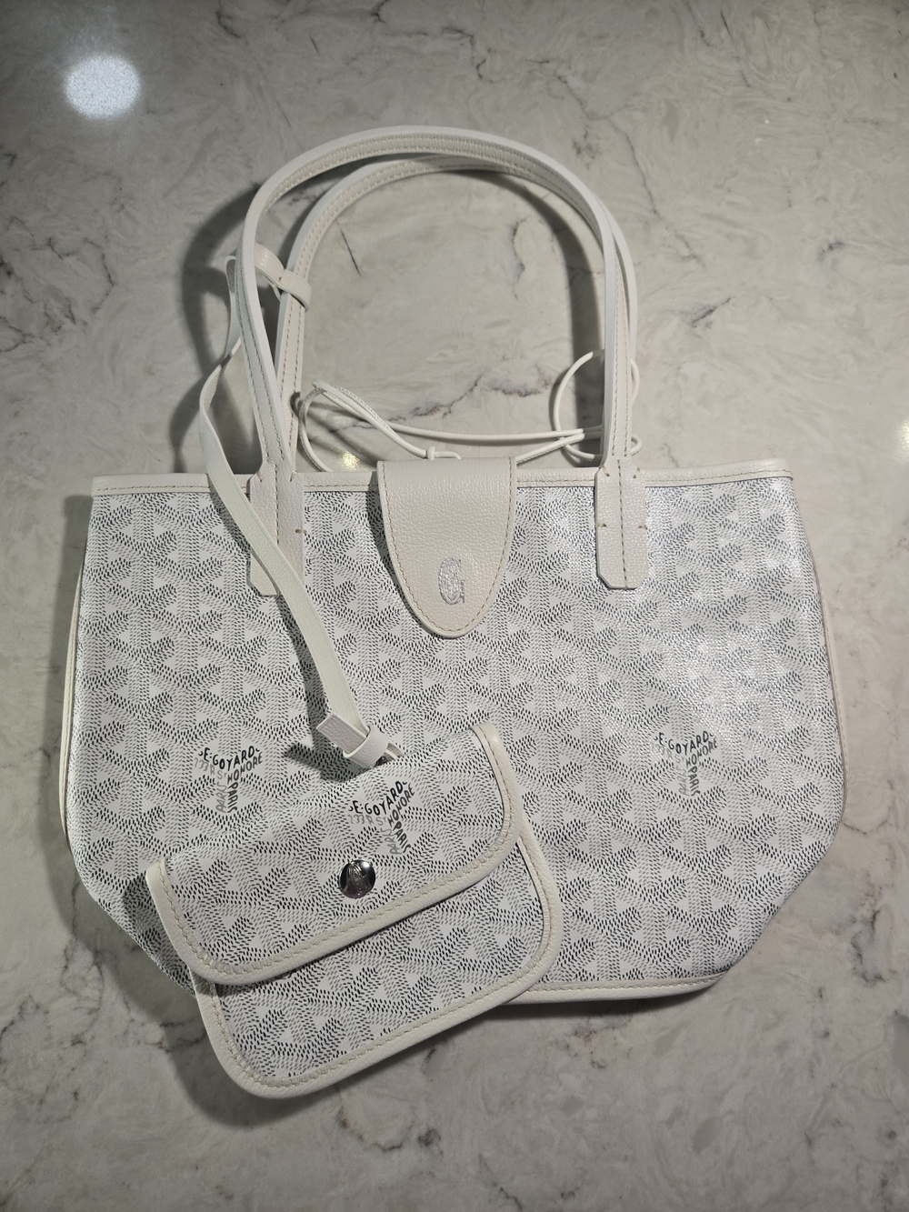 ⭐Senat White Patterned Tote Bag with Removable Pouch Real Leather Trim GORGEOUS